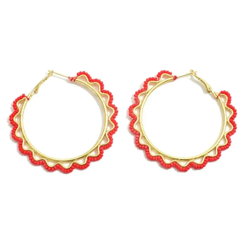 Scalloped Edge Beaded Hoop Earrings Red Gold